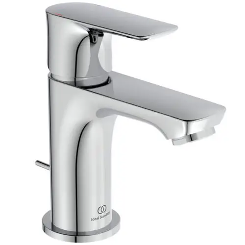 Chromfarbener Einhand-Wasserhahn von Ideal Standard mit flachem Auslauf, seitlichem Hebel zur Temperaturregelung und Ablaufsystem.